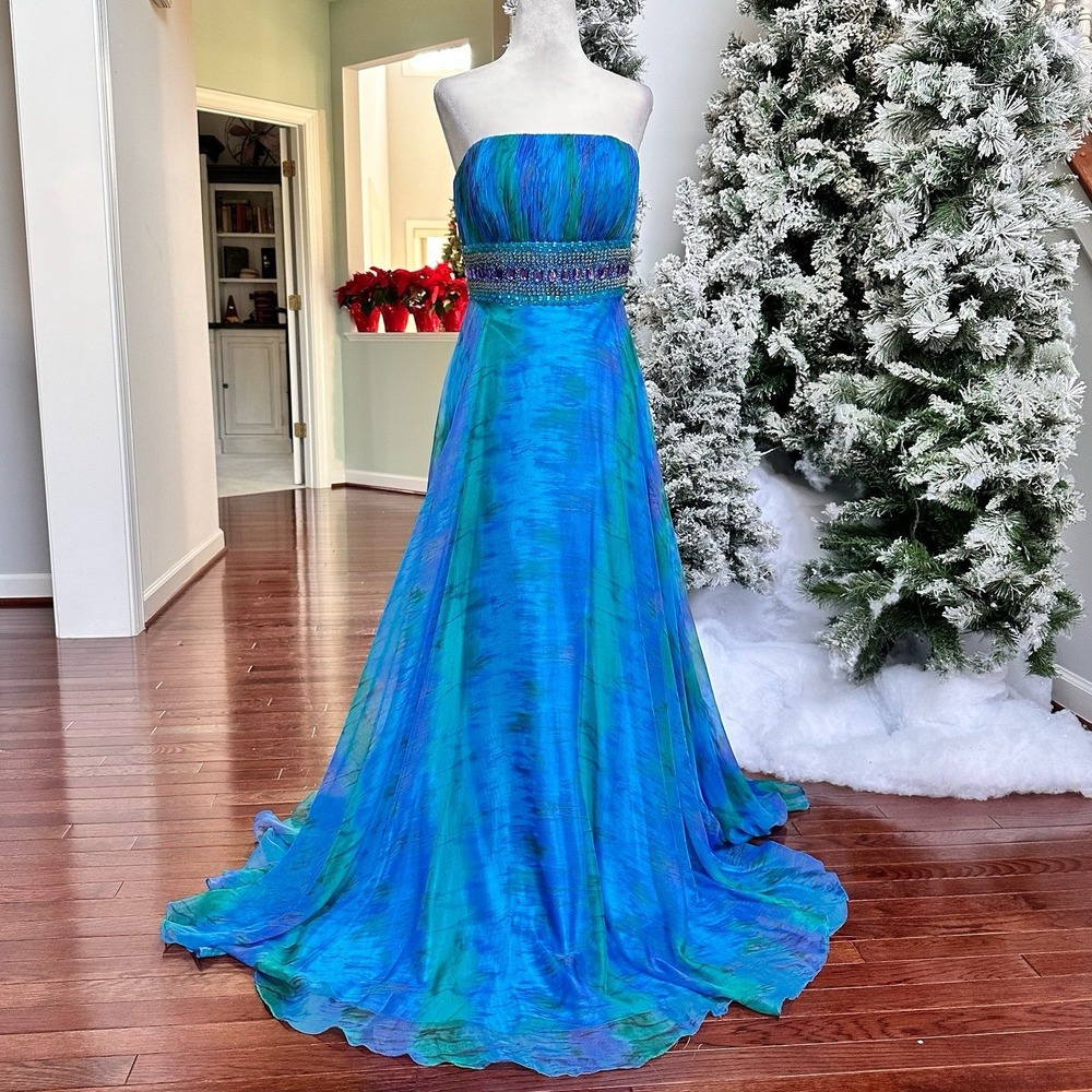 Vintage Cinderella‎ Strapless Blue Green Tie Dye Ombré Embellished Gown Dress